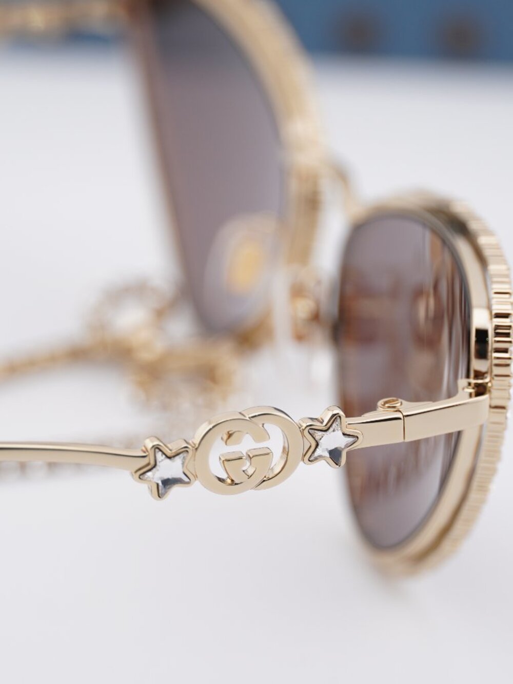 Gucci GG1569S 001 Cat Eye Sunglasses - Gold with White Stone / Brown - Picture 11 of 12